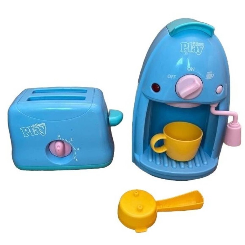 Play at Home Coffee Maker Toaster Blue Plastic Set Frother Cup Kitchen Toy